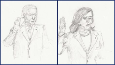 Artwork by Kacie Burns depicting the swearing in of Joe Biden and Kamala Harris as president and vice present, respectively.