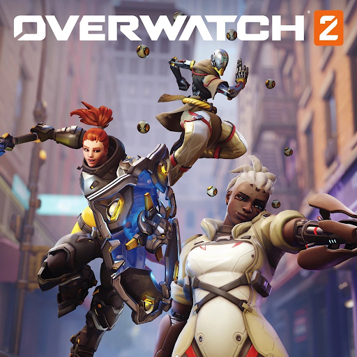 Official Image of Overwatch 2 with Heroes Zenyatta, Brigitte, and Sojourn by Blizzard.