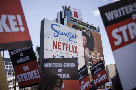 Strikers marching outside Netflix offices. Photo Credit: Vanity Fair