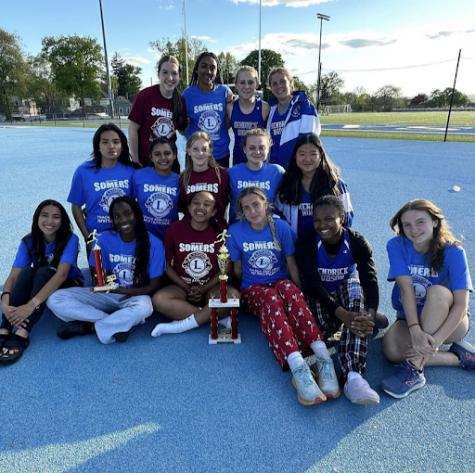 Hen Huds Girls Track & Field team after winning the Class B Championship at the Somers Lions Club Meet. (Photo Credit: @hhhsxctf on Instagram)